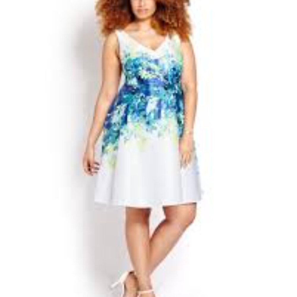 Addition Elle White Midi Dress with Blue and Green Floral Print